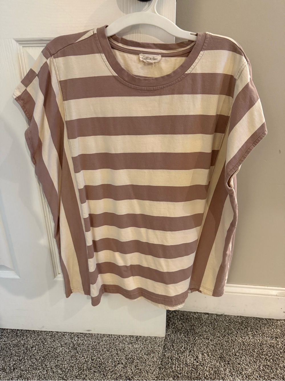 Oversized Striped Cotton Tee in Cream & Mauve